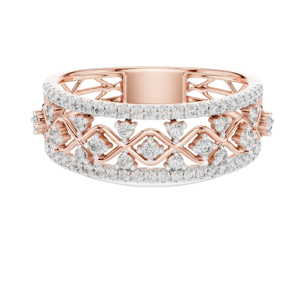 Rose gold lattice eternity ring with round white stones and openwork band, front view