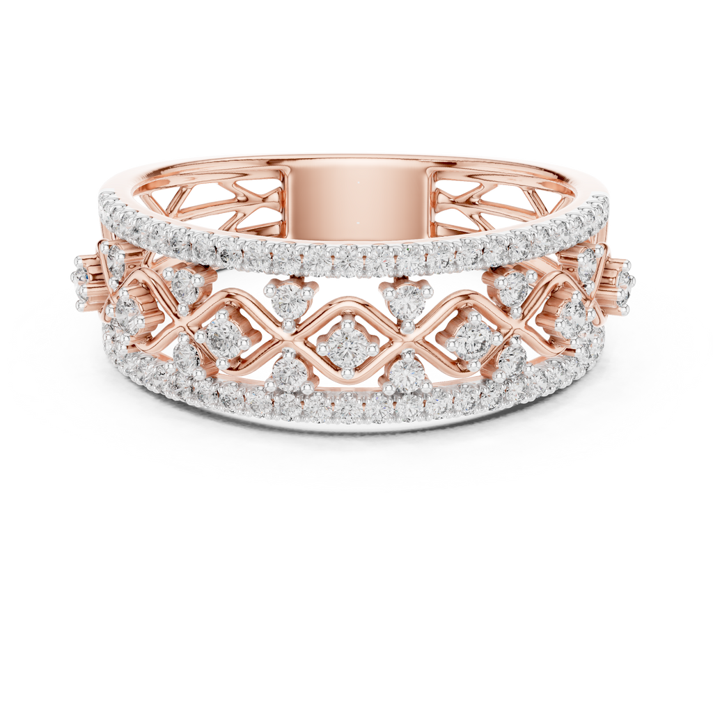 Rose gold lattice eternity ring with round white stones and openwork band, front view