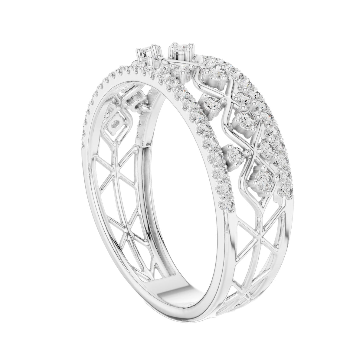 White metal lattice eternity ring with round white stones and openwork crisscross band