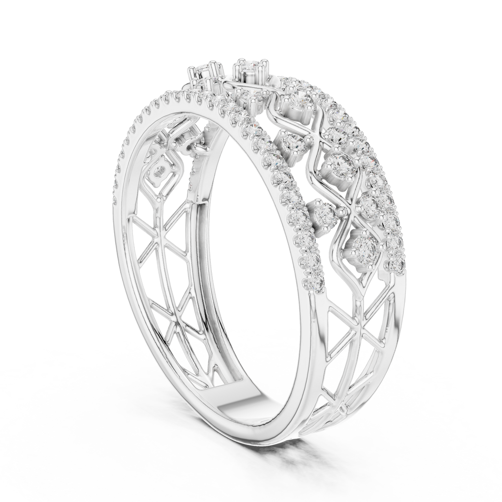 White metal lattice eternity ring with round white stones and openwork crisscross band