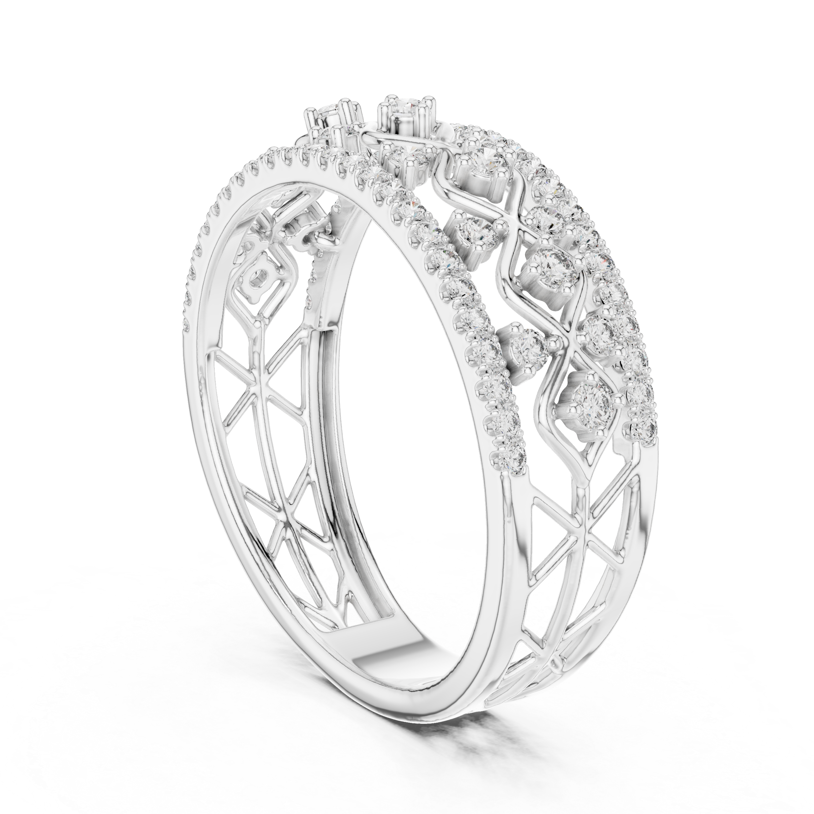 White metal lattice eternity ring with round white stones and openwork crisscross band