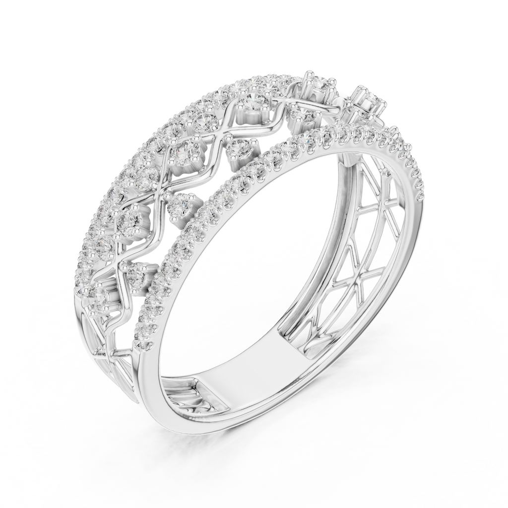 White metal lattice eternity ring with round white stones, angled view of openwork band
