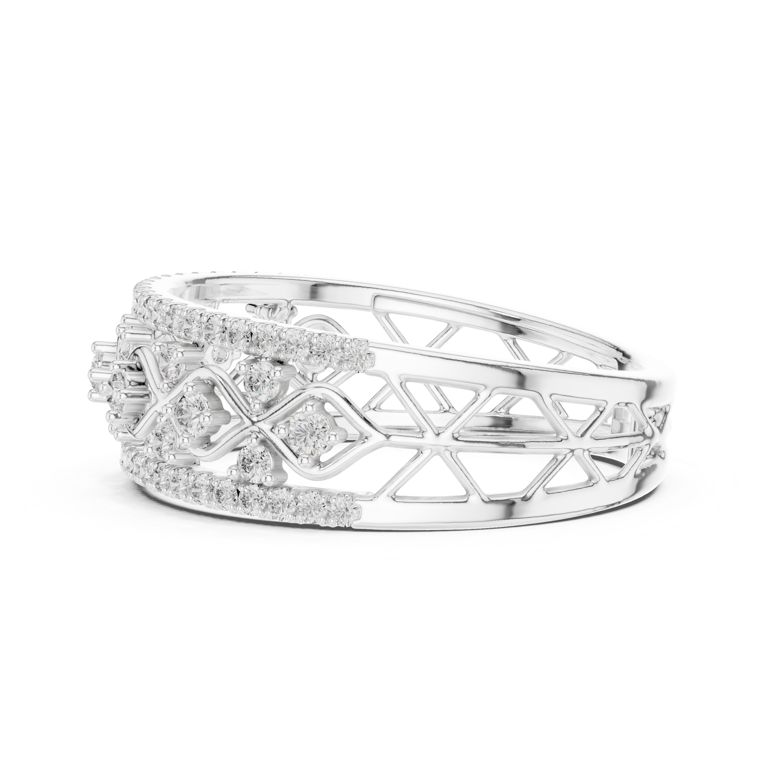 White metal lattice eternity ring with pavé sparkle stones and openwork side profile