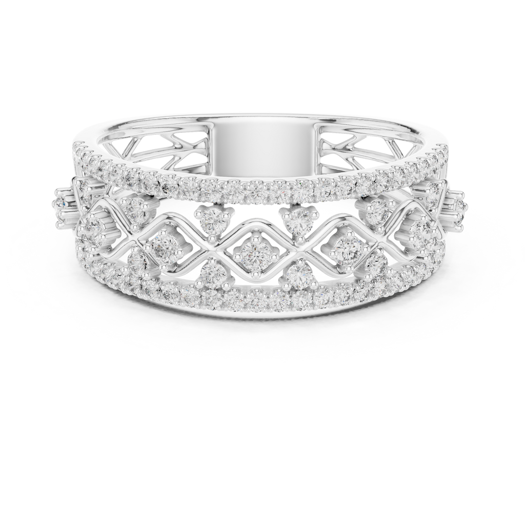 White metal lattice eternity ring with round white stones and openwork band, front view