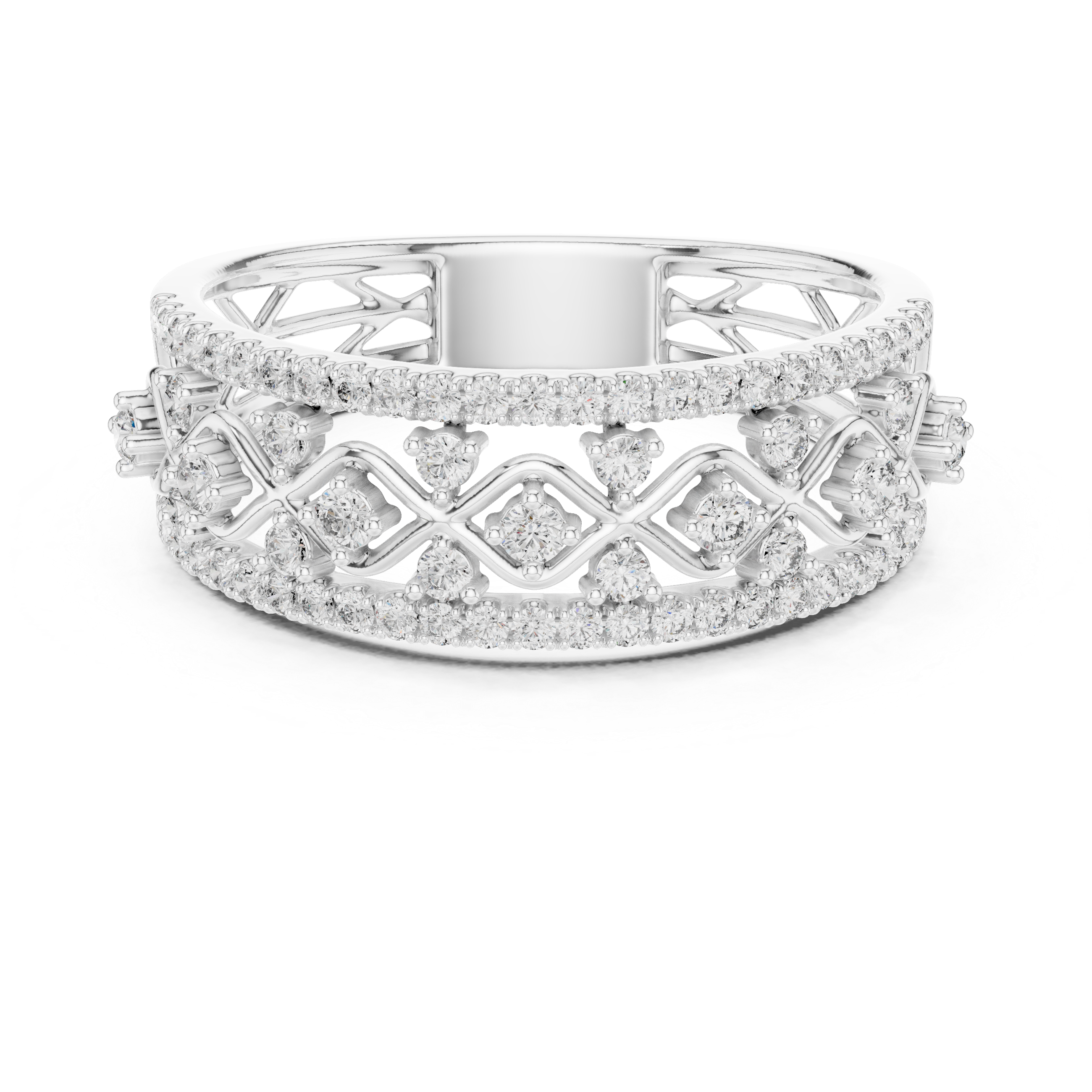 White metal lattice eternity ring with round white stones and openwork band, front view