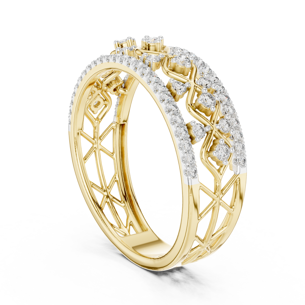 Gold eternity lattice ring with round prong-set stones along a slim two-row band