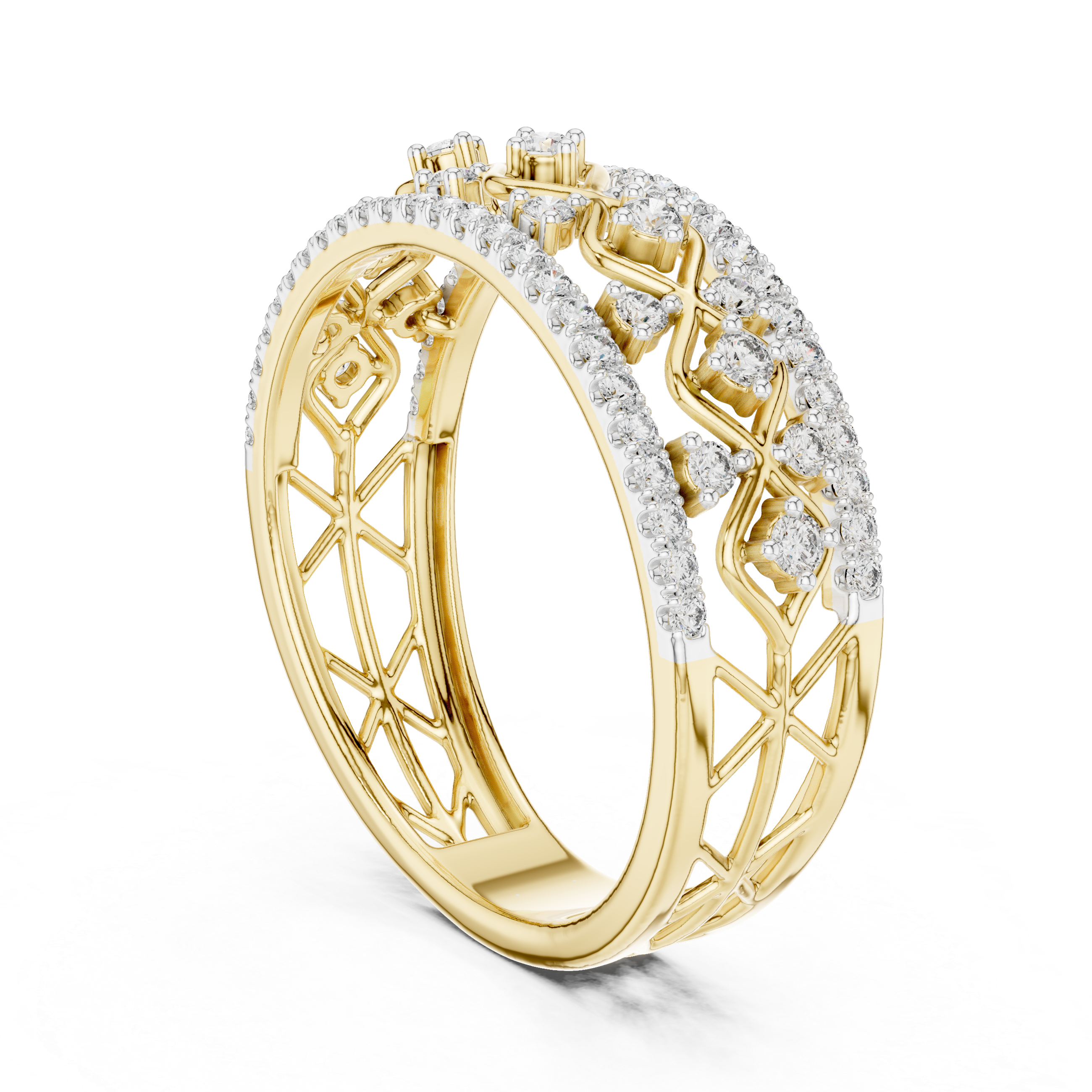 Gold eternity lattice ring with round prong-set stones along a slim two-row band
