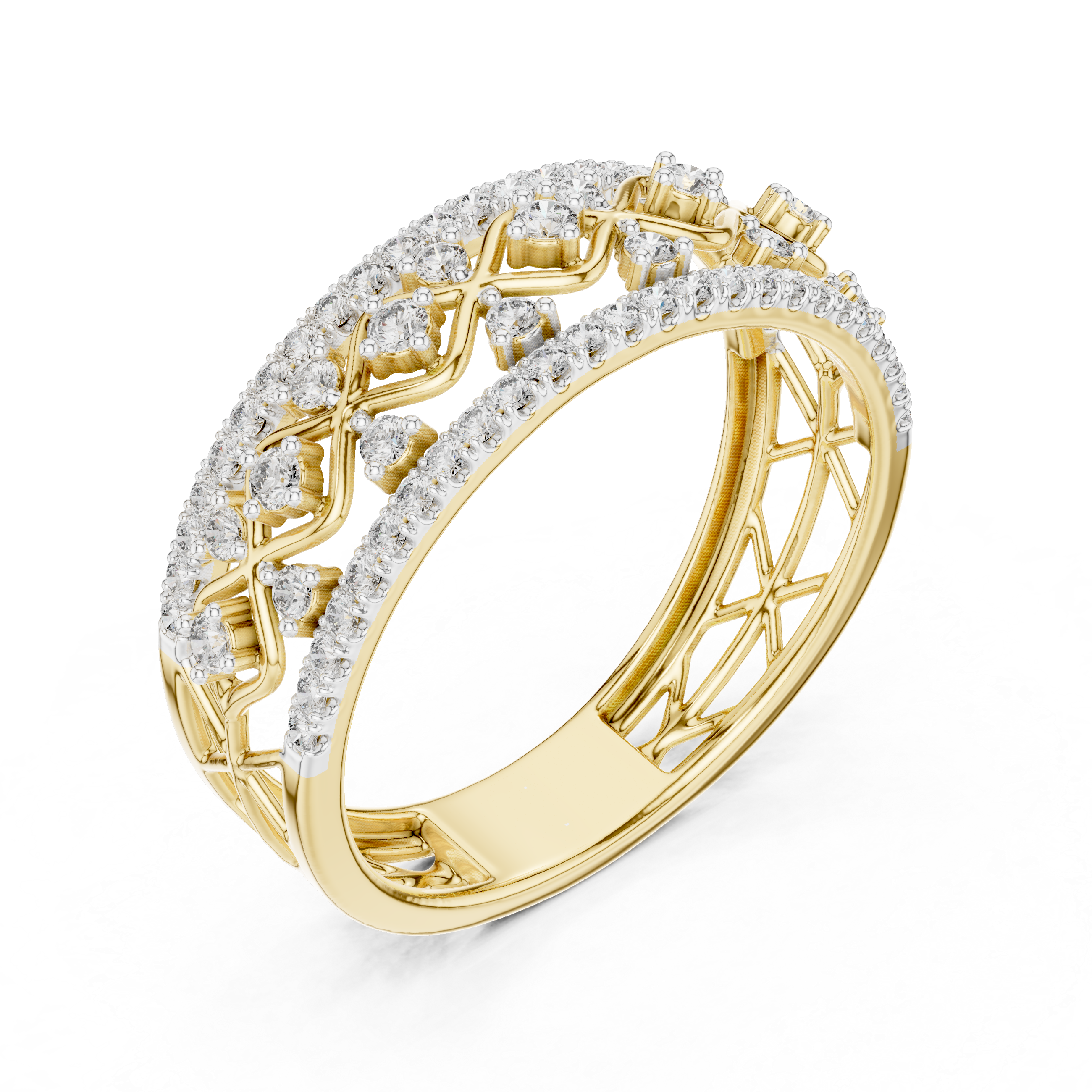 Gold and diamond eternity band with lattice side design and round prong-set stones