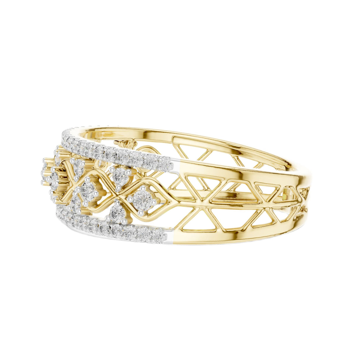Gold and diamond eternity lattice ring, angled view of round stone settings