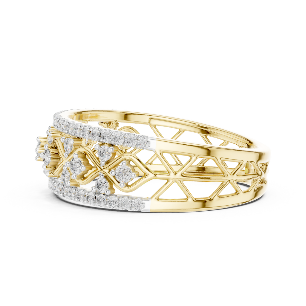 Gold and diamond eternity lattice ring, angled view of round stone settings
