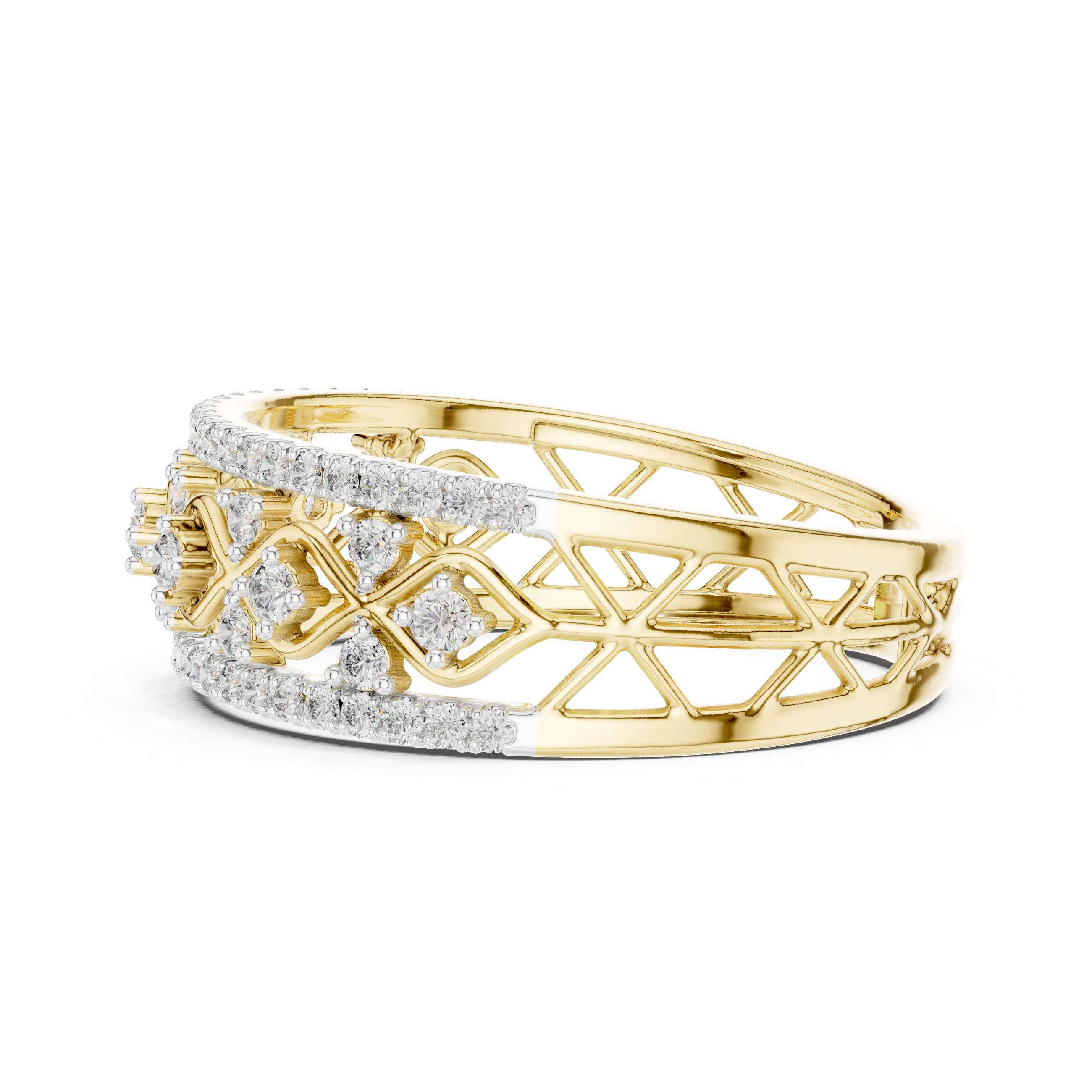 Gold and diamond eternity lattice ring, angled view of round stone settings