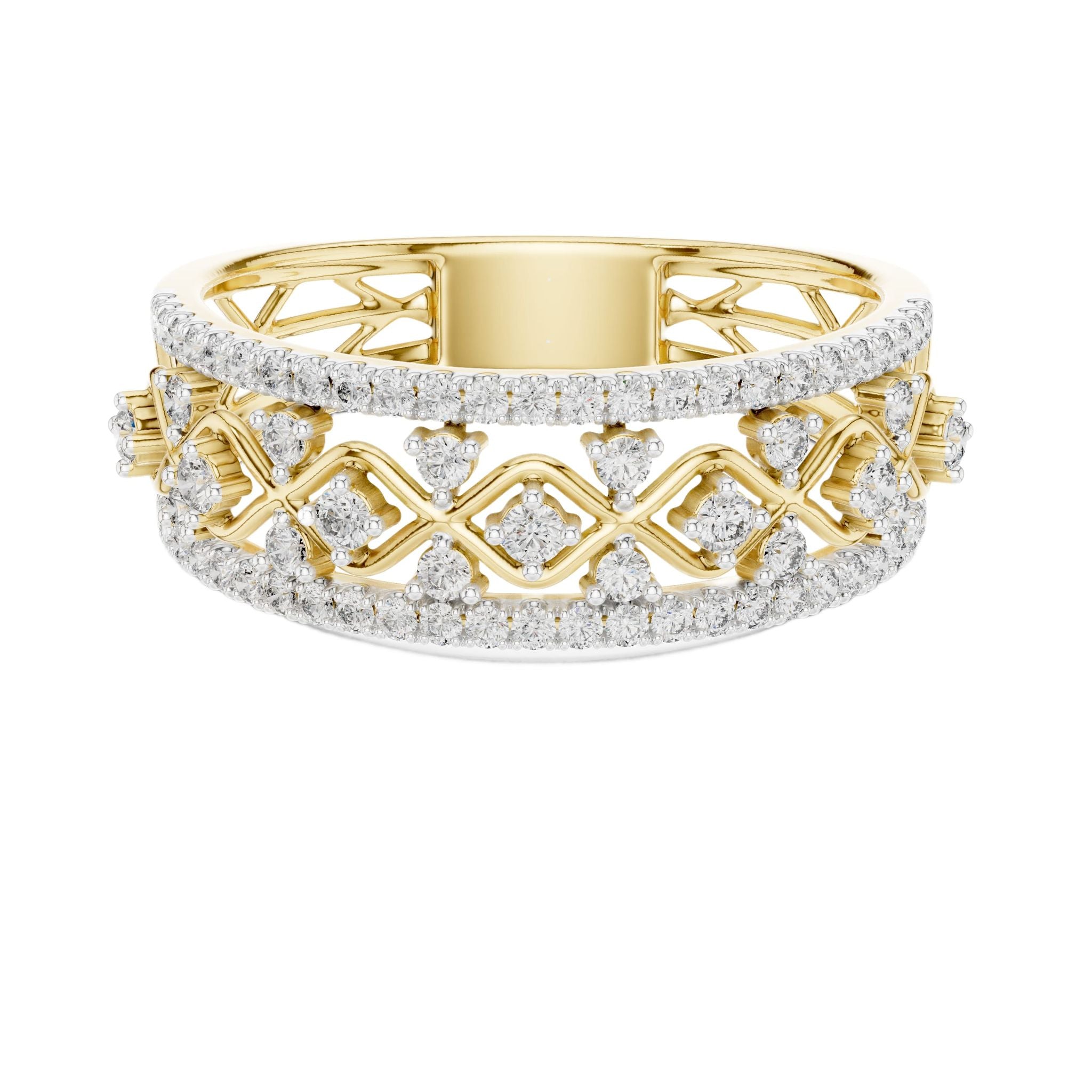 Gold eternity lattice ring with central polished stripe and round diamond accents