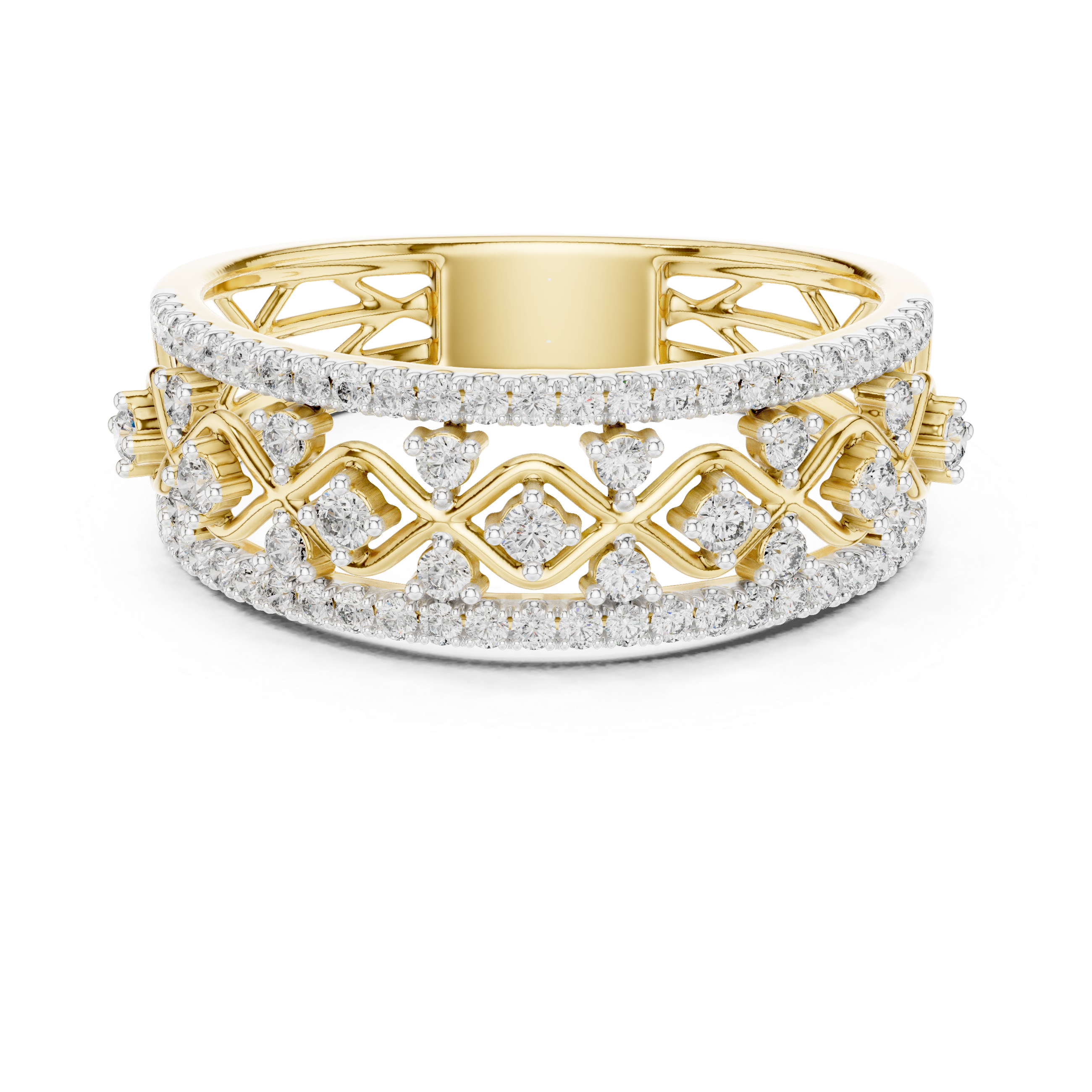Gold eternity lattice ring with central polished stripe and round diamond accents