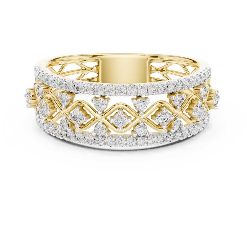 Gold eternity lattice ring with central polished stripe and round diamond accents