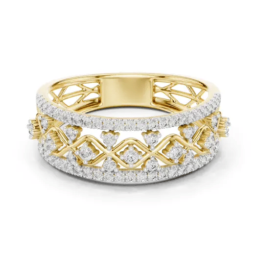 Gold-tone eternity ring with latticework and round pavé stones, wide band