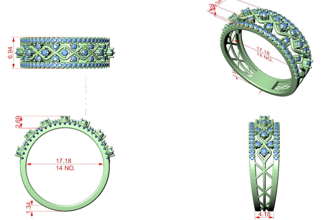 Lattice eternity ring with round blue stones and openwork band, top and side views