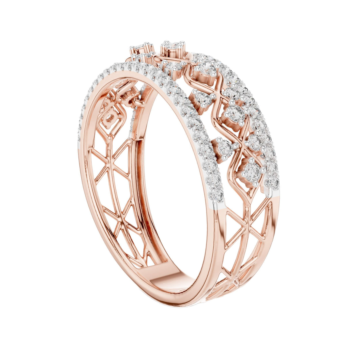 Rose gold lattice eternity ring with round white stones and openwork crisscross band