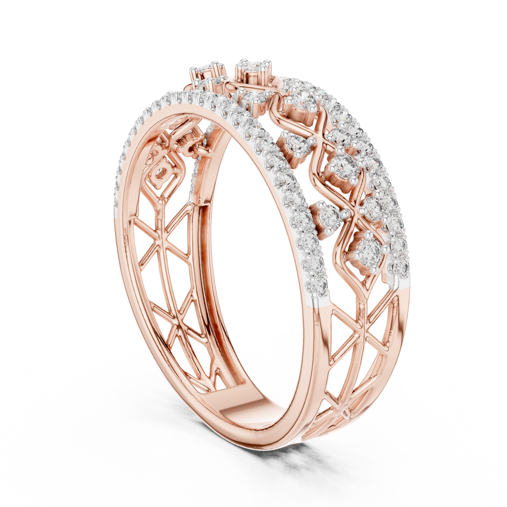 Rose gold lattice eternity ring with round white stones and openwork crisscross band