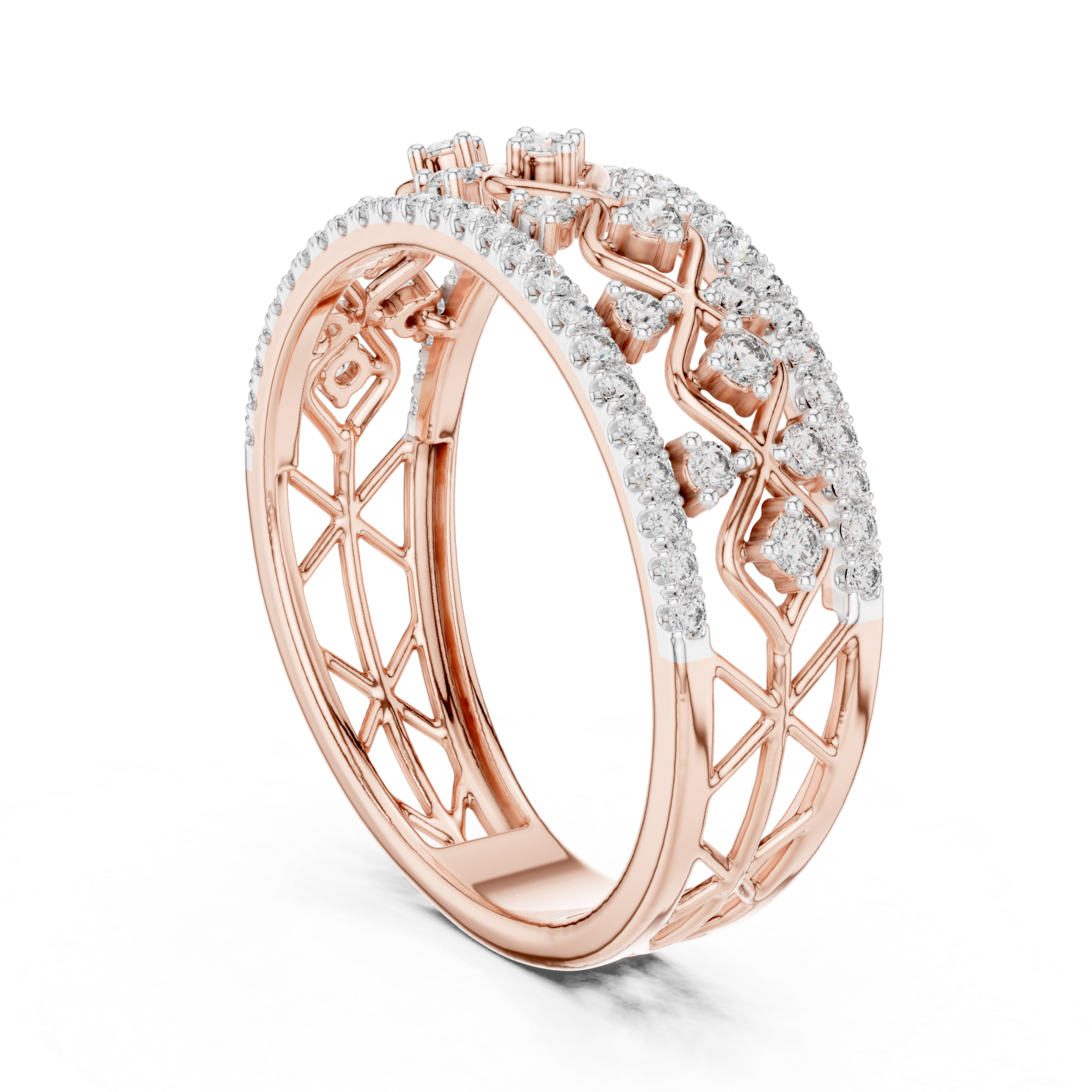 Rose gold lattice eternity ring with round white stones and openwork crisscross band