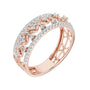 Rose gold lattice eternity ring with round white stones, angled view of openwork band