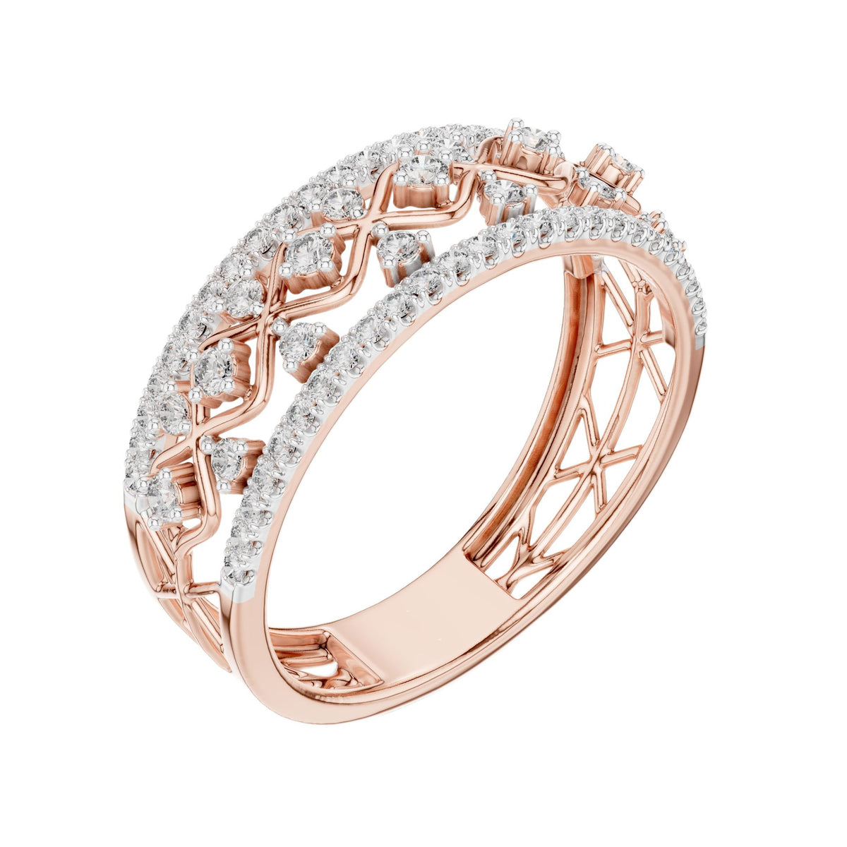 Rose gold lattice eternity ring with round white stones, angled view of openwork band