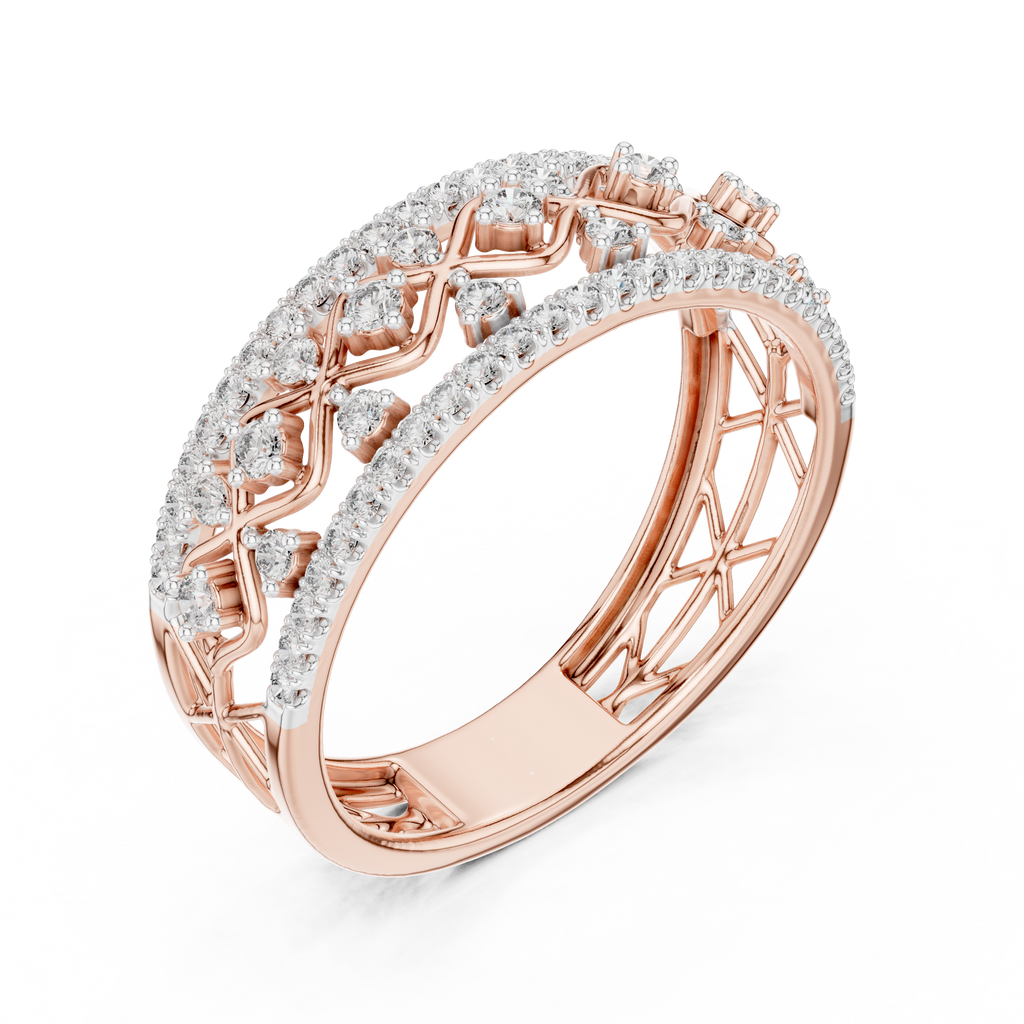 Rose gold lattice eternity ring with round white stones, angled view of openwork band