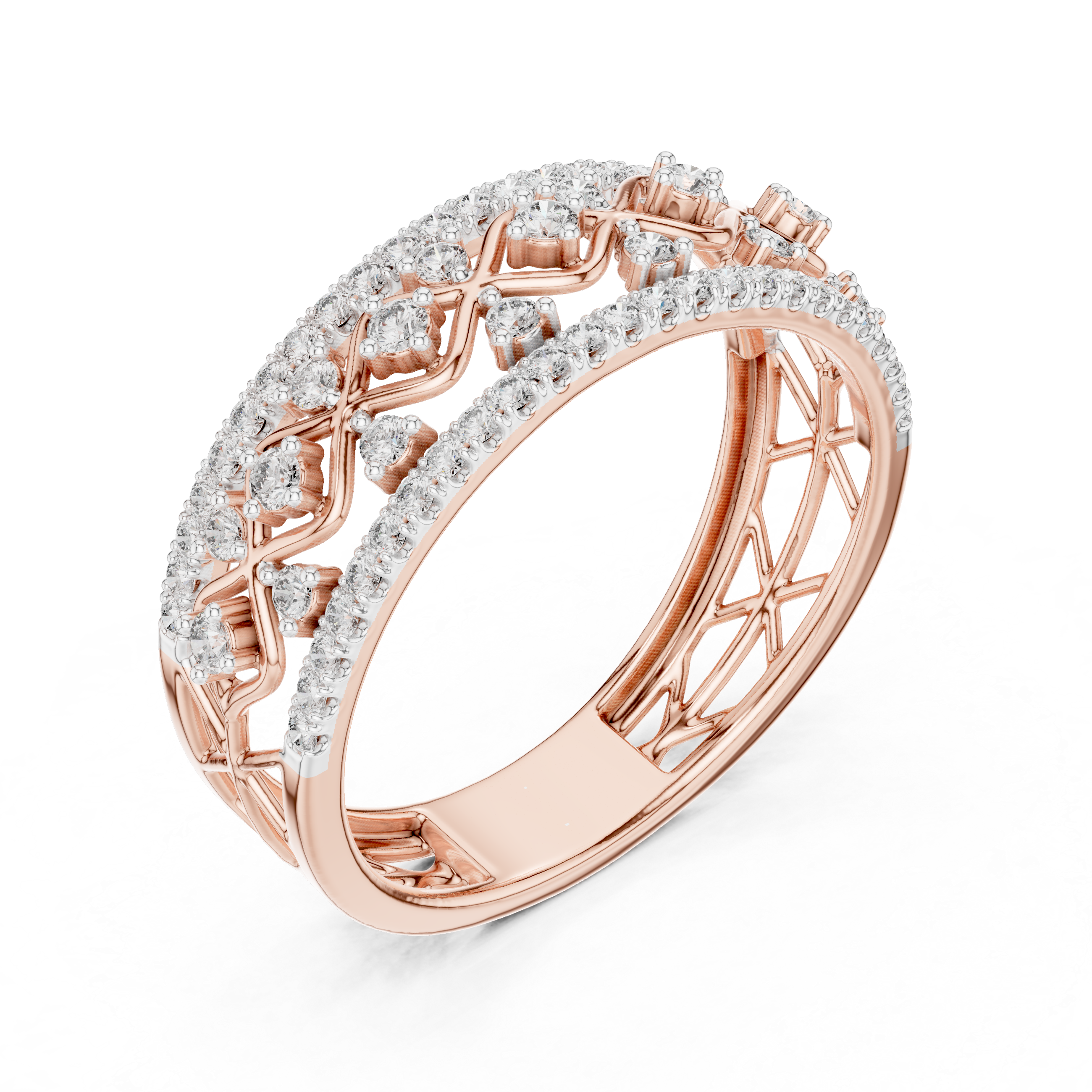 Rose gold lattice eternity ring with round white stones, angled view of openwork band