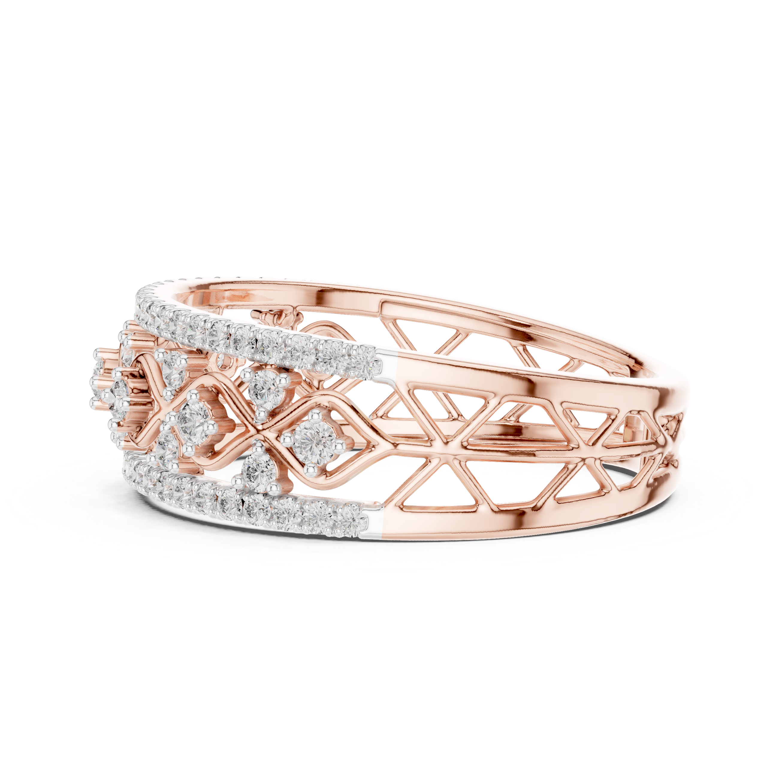 Rose gold lattice eternity ring with pavé sparkle stones and openwork side profile