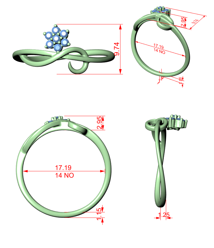 Infinity promise ring with round center stone and small accent stones, shown with side view