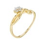 Yellow gold infinity ring with prong-set baguette and round clear stones, angled view