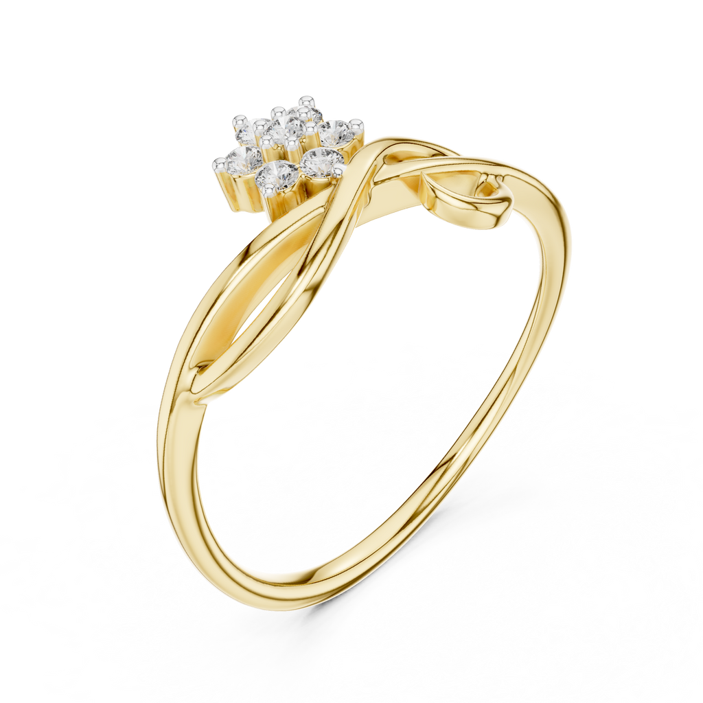 Yellow gold infinity ring with prong-set baguette and round clear stones, angled view