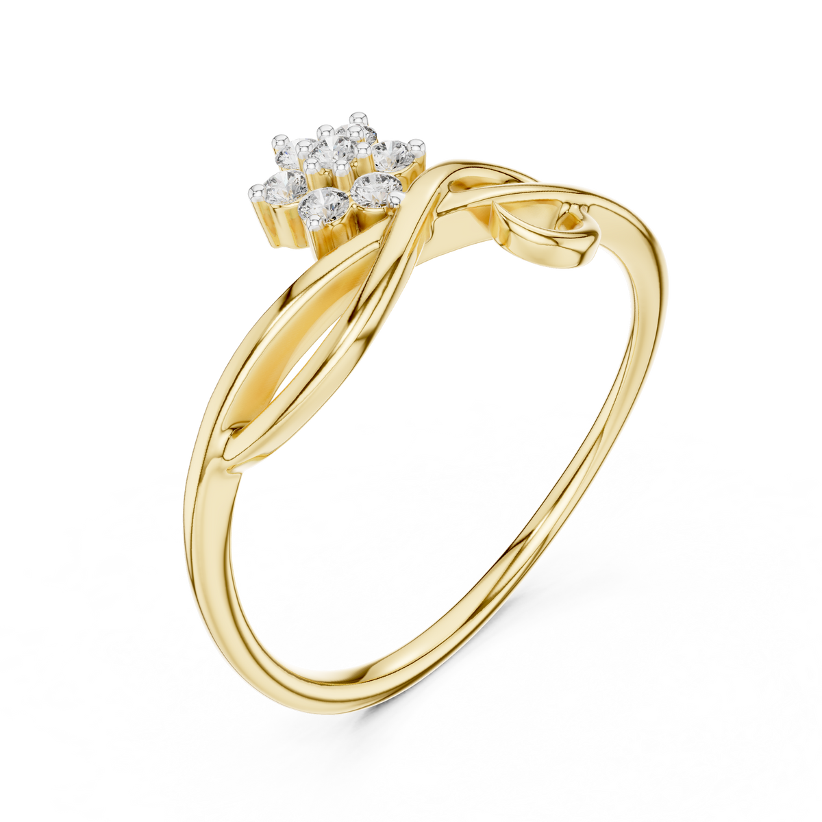Yellow gold infinity ring with prong-set baguette and round clear stones, angled view