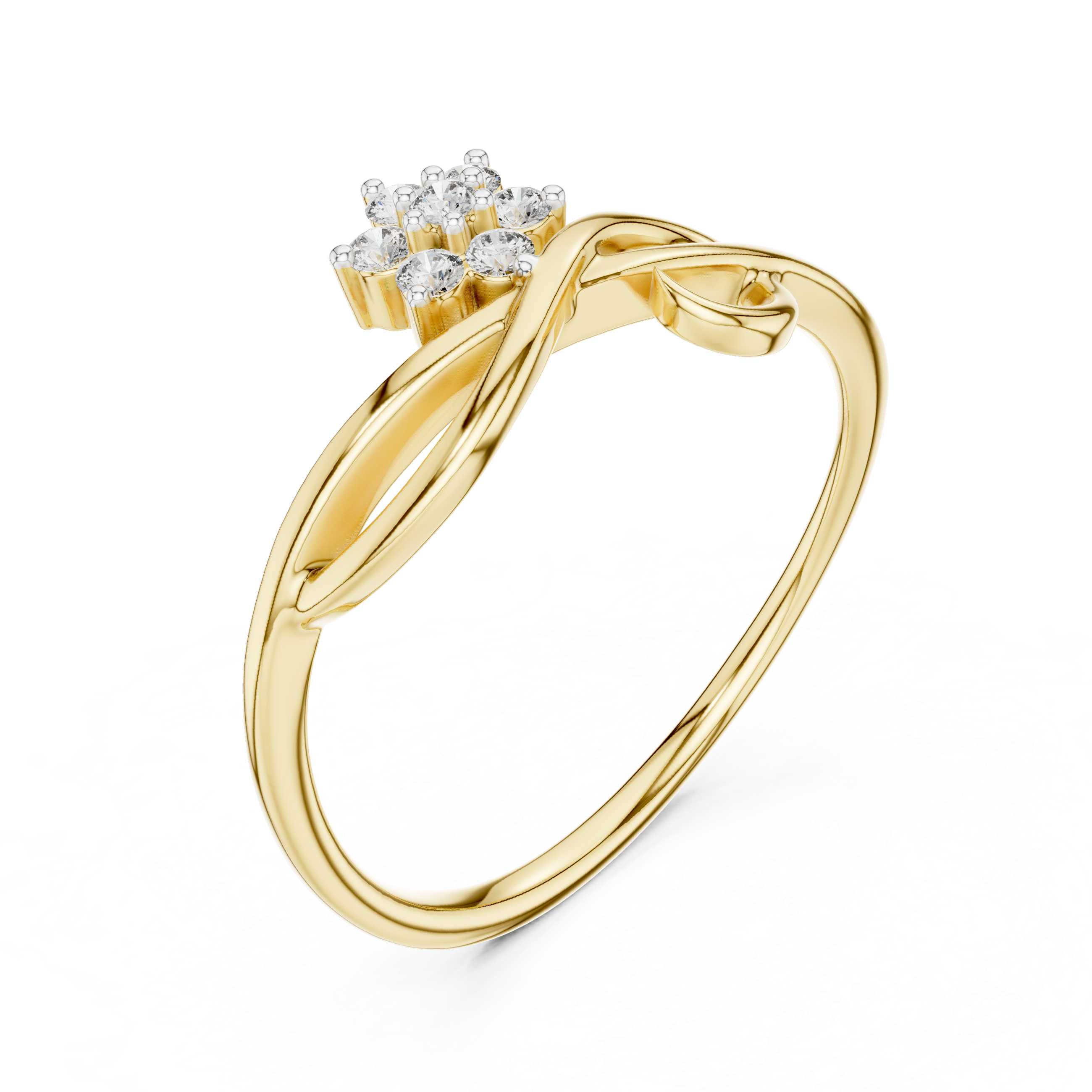 Yellow gold infinity ring with prong-set baguette and round clear stones, angled view