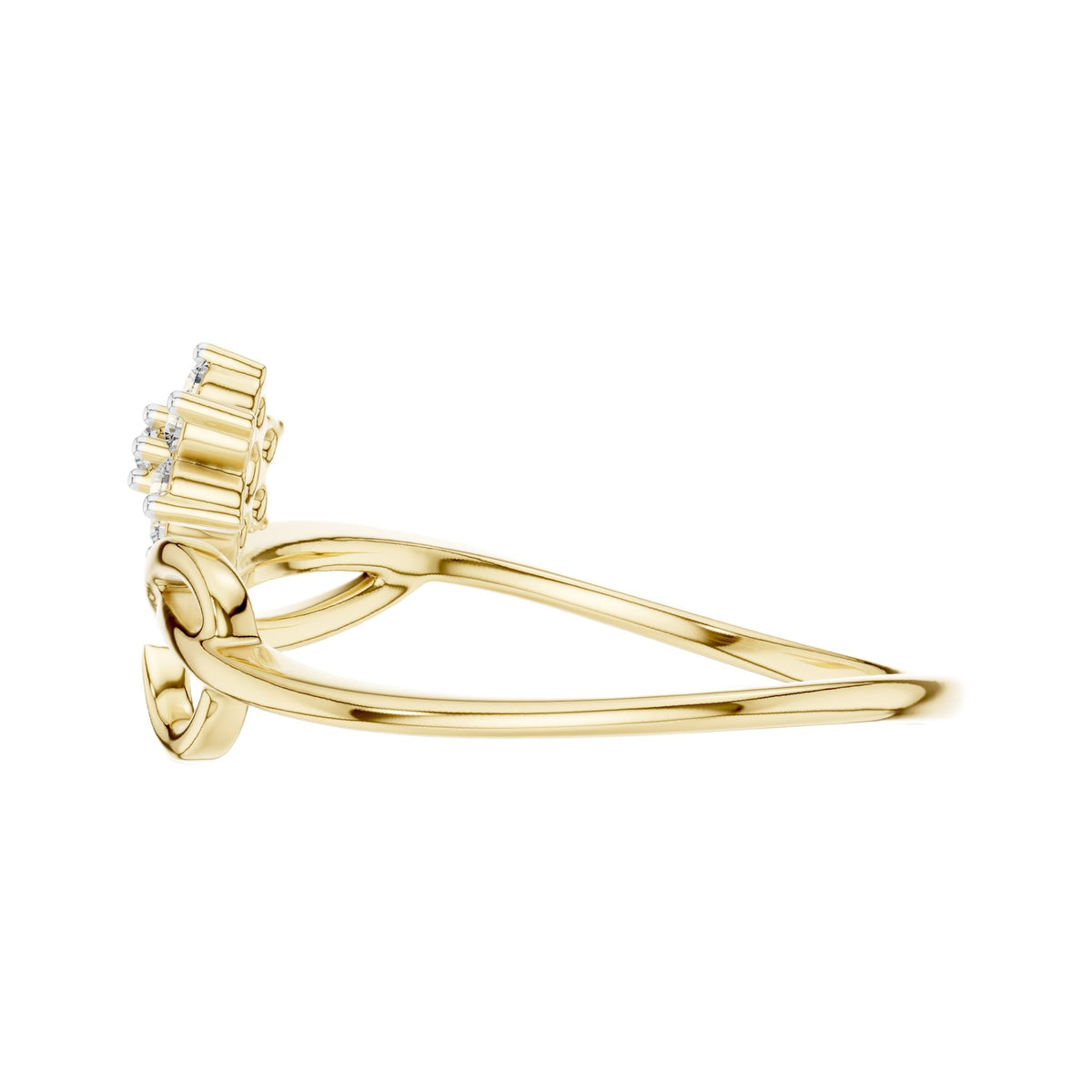 Yellow gold infinity promise ring with prong-set clear baguette stones, side view