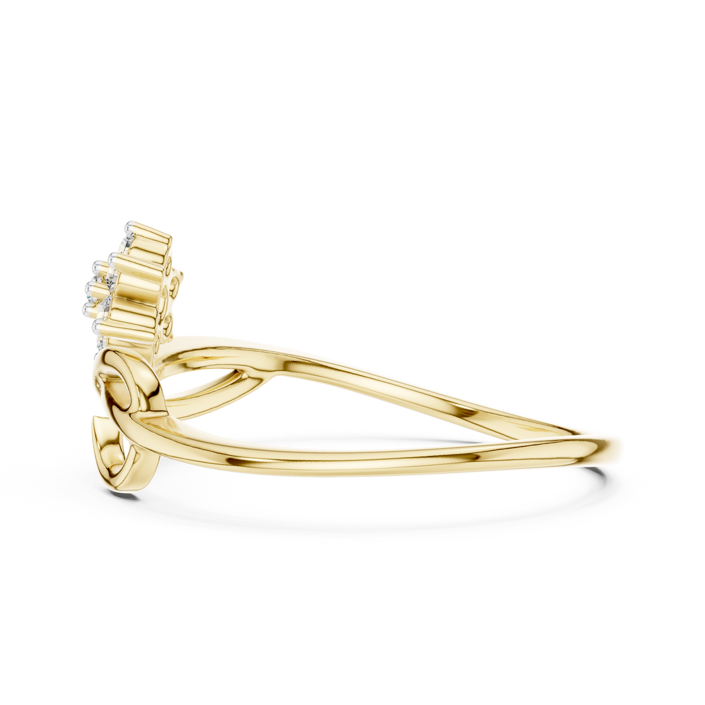 Yellow gold infinity promise ring with prong-set clear baguette stones, side view