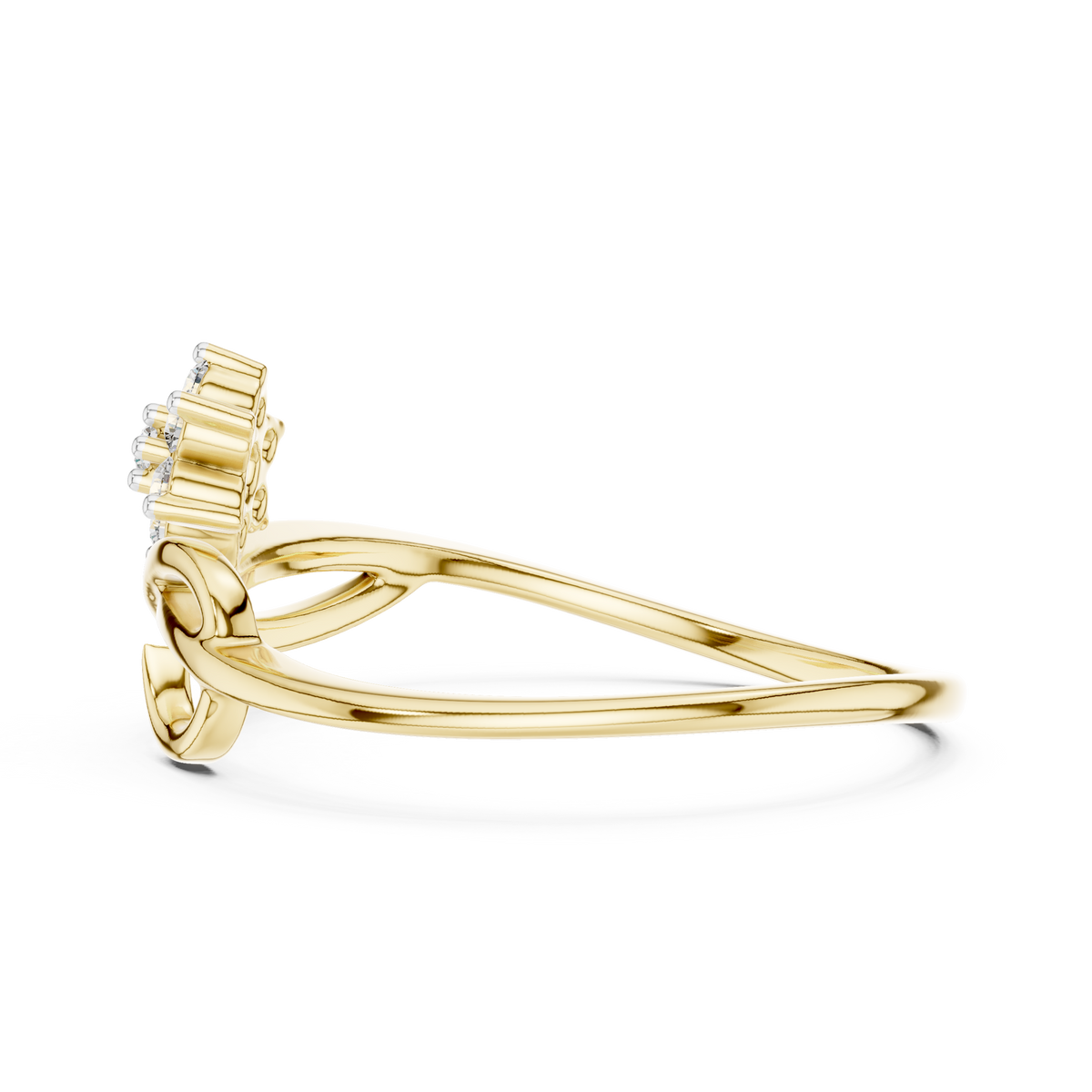 Yellow gold infinity promise ring with prong-set clear baguette stones, side view
