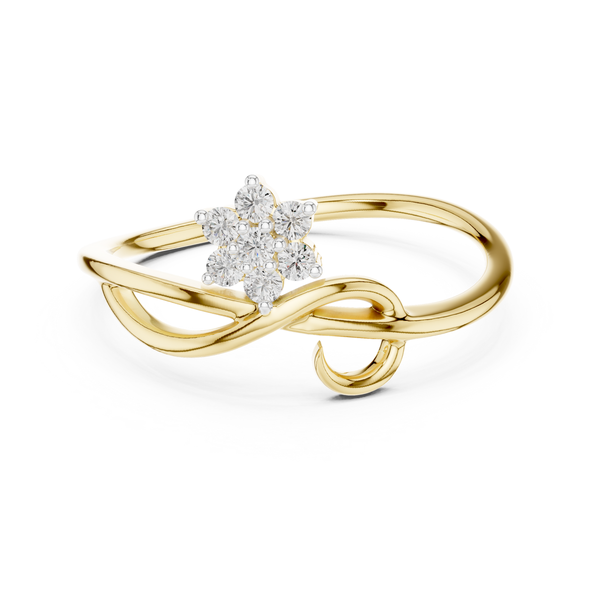 Yellow gold infinity promise ring with four-stone round cluster and baguette accents