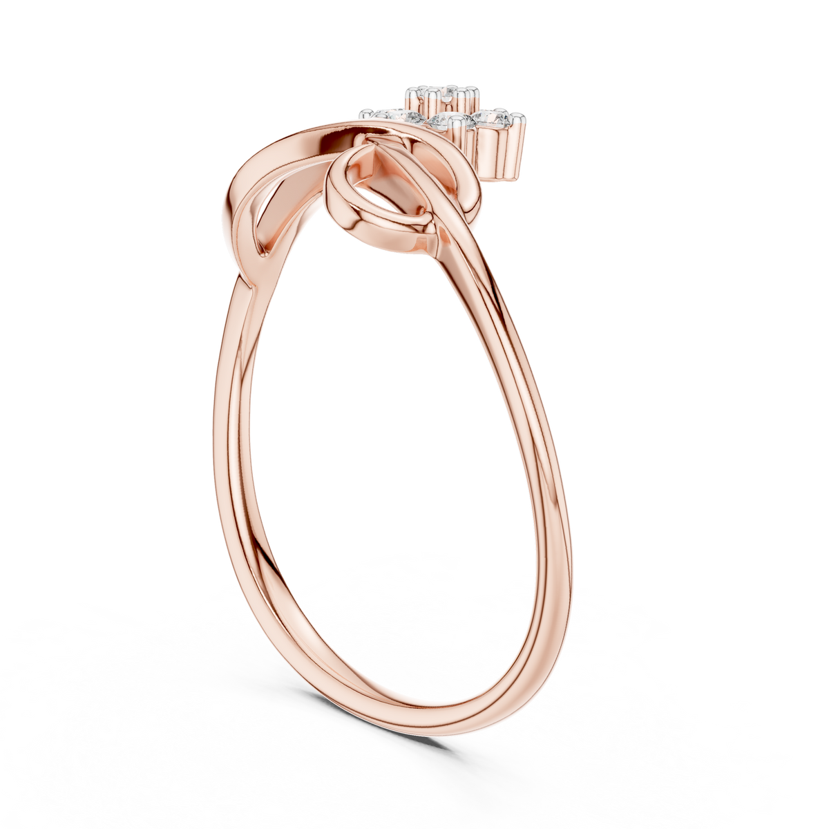 Rose gold infinity promise ring with pear-shaped center stone and round side stones