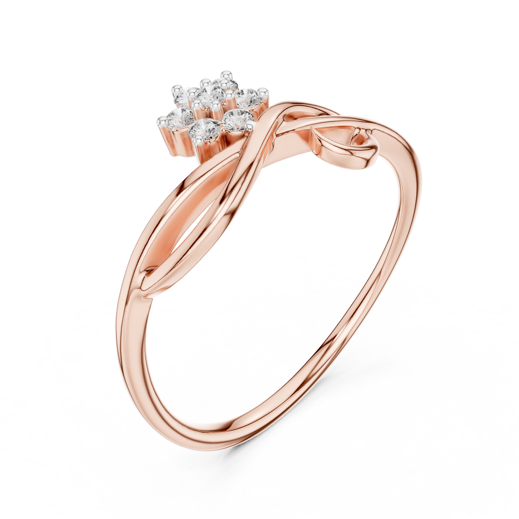 Rose gold infinity promise ring with baguette-style accent stones and prong-set centerpiece