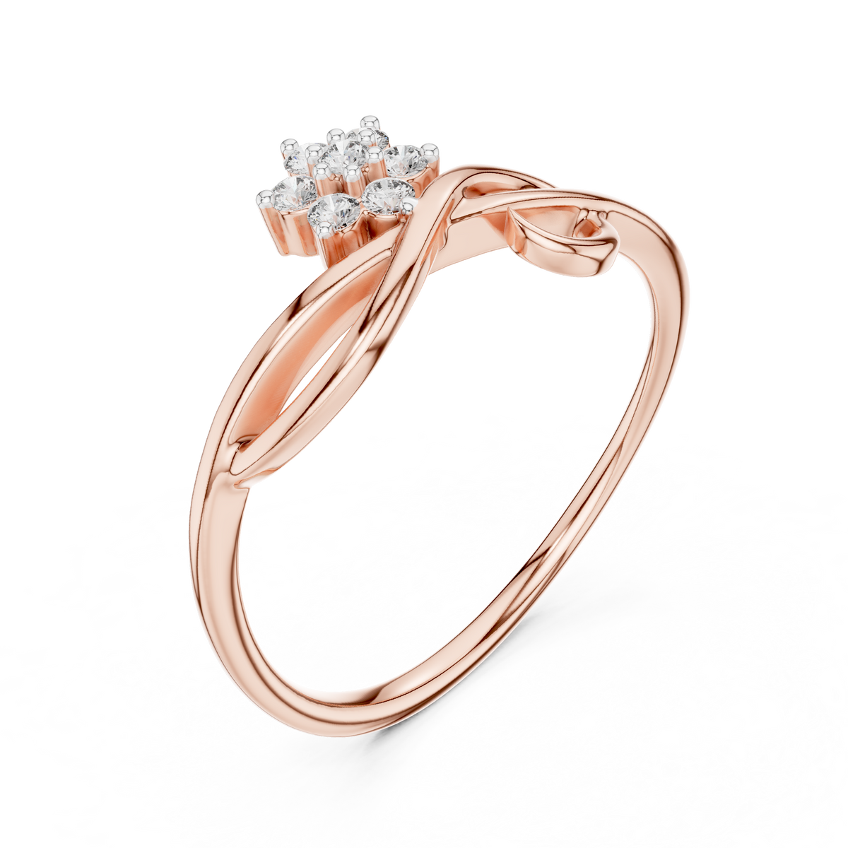 Rose gold infinity promise ring with baguette-style accent stones and prong-set centerpiece