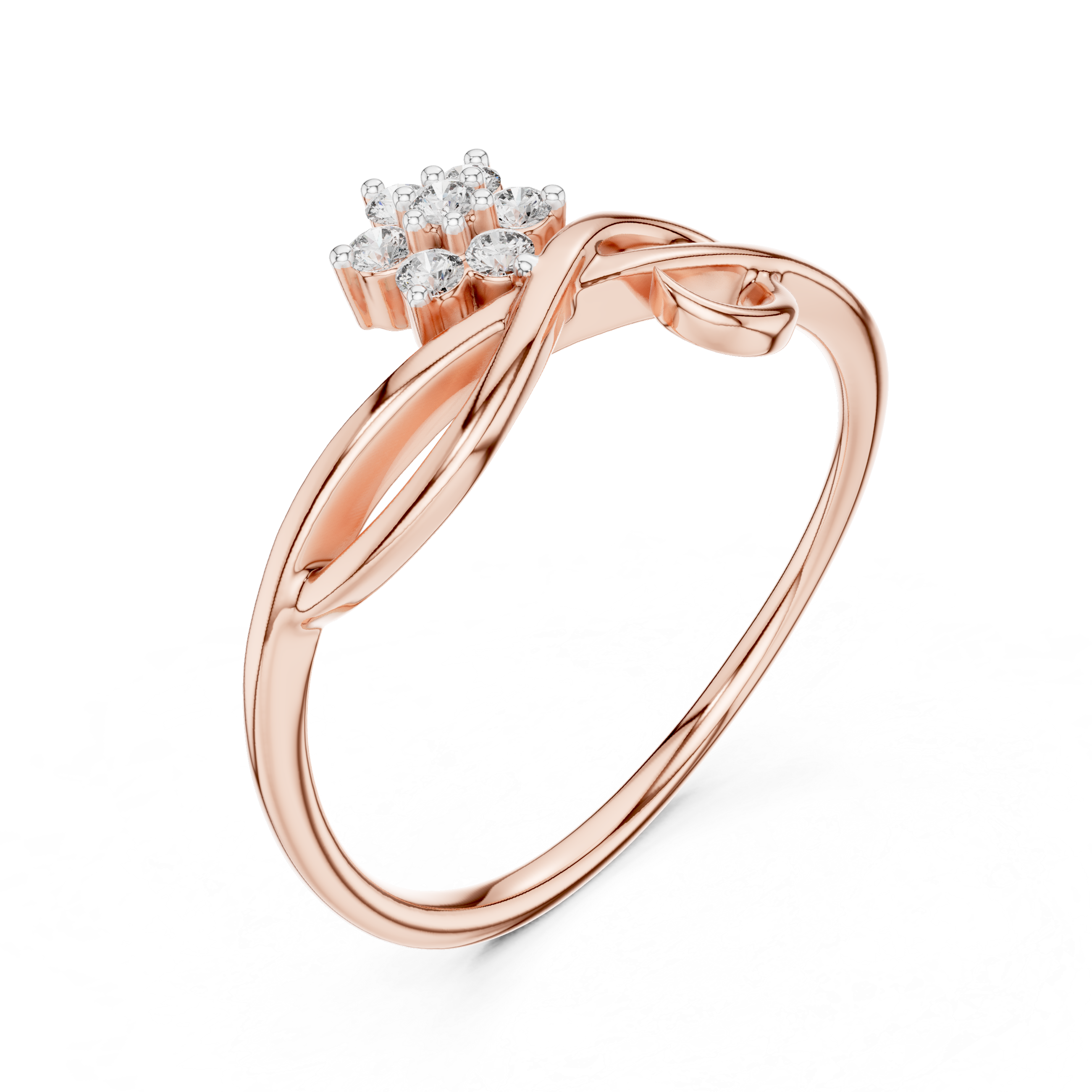Rose gold infinity promise ring with baguette-style accent stones and prong-set centerpiece