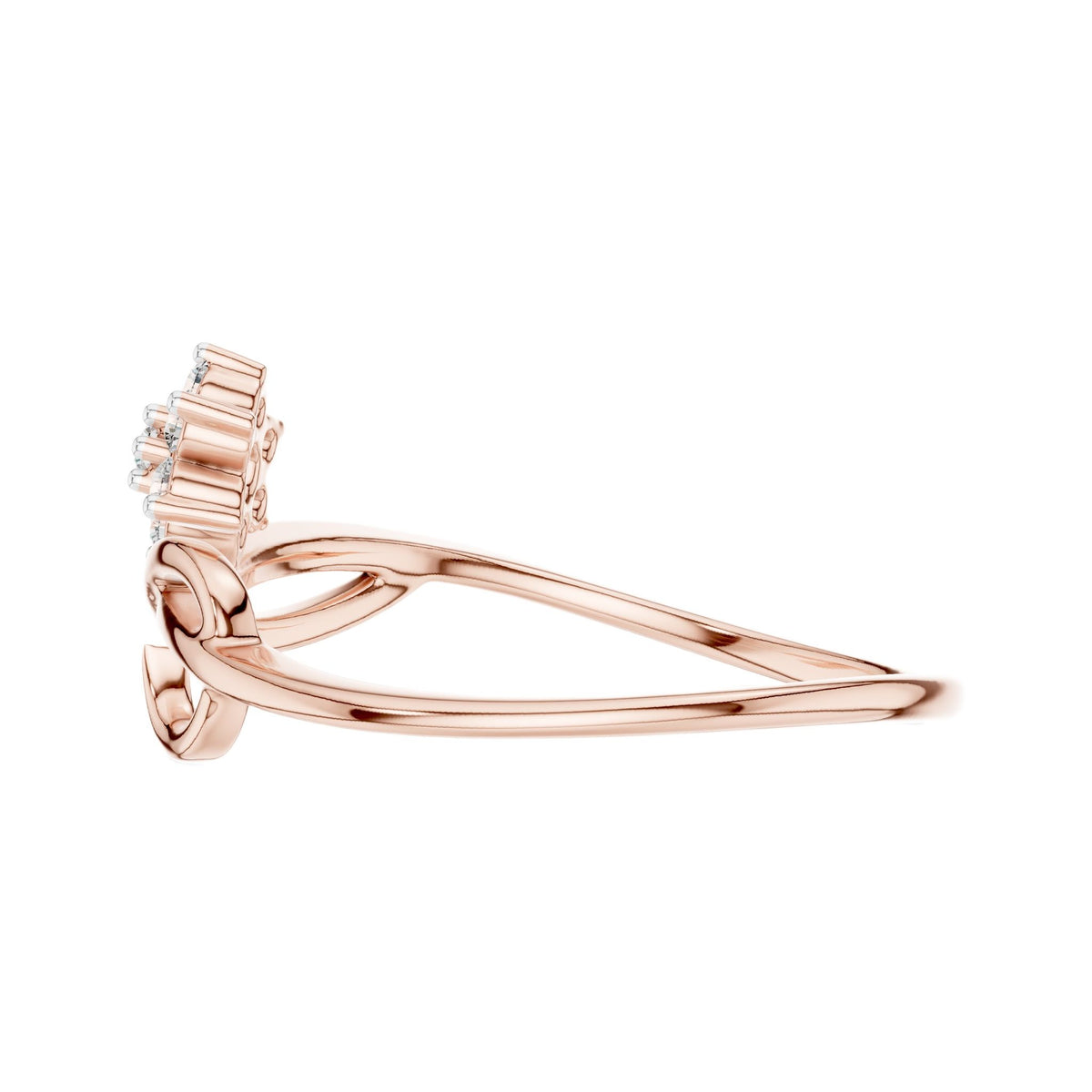 Rose gold infinity promise ring, side view with prong-set stones at the top