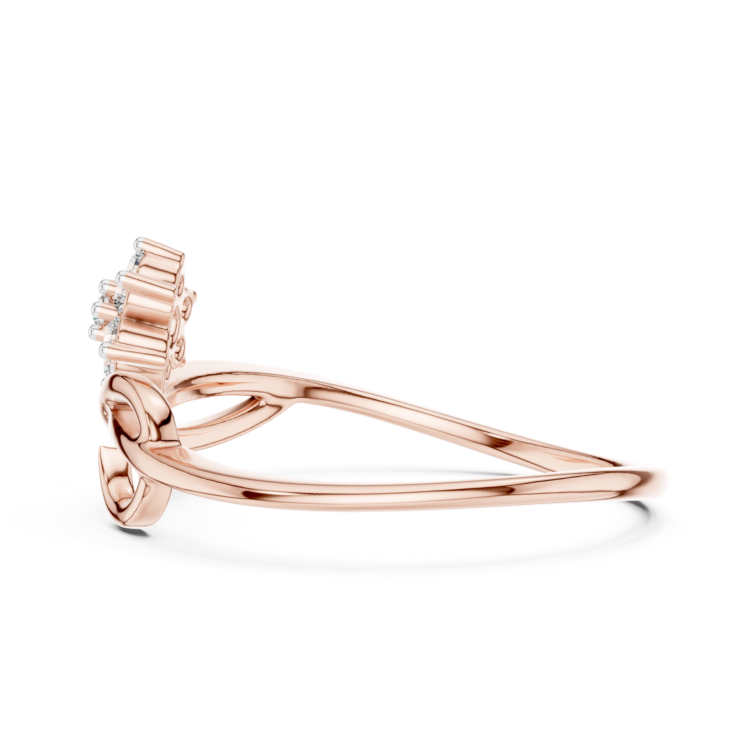 Rose gold infinity promise ring, side view with prong-set stones at the top