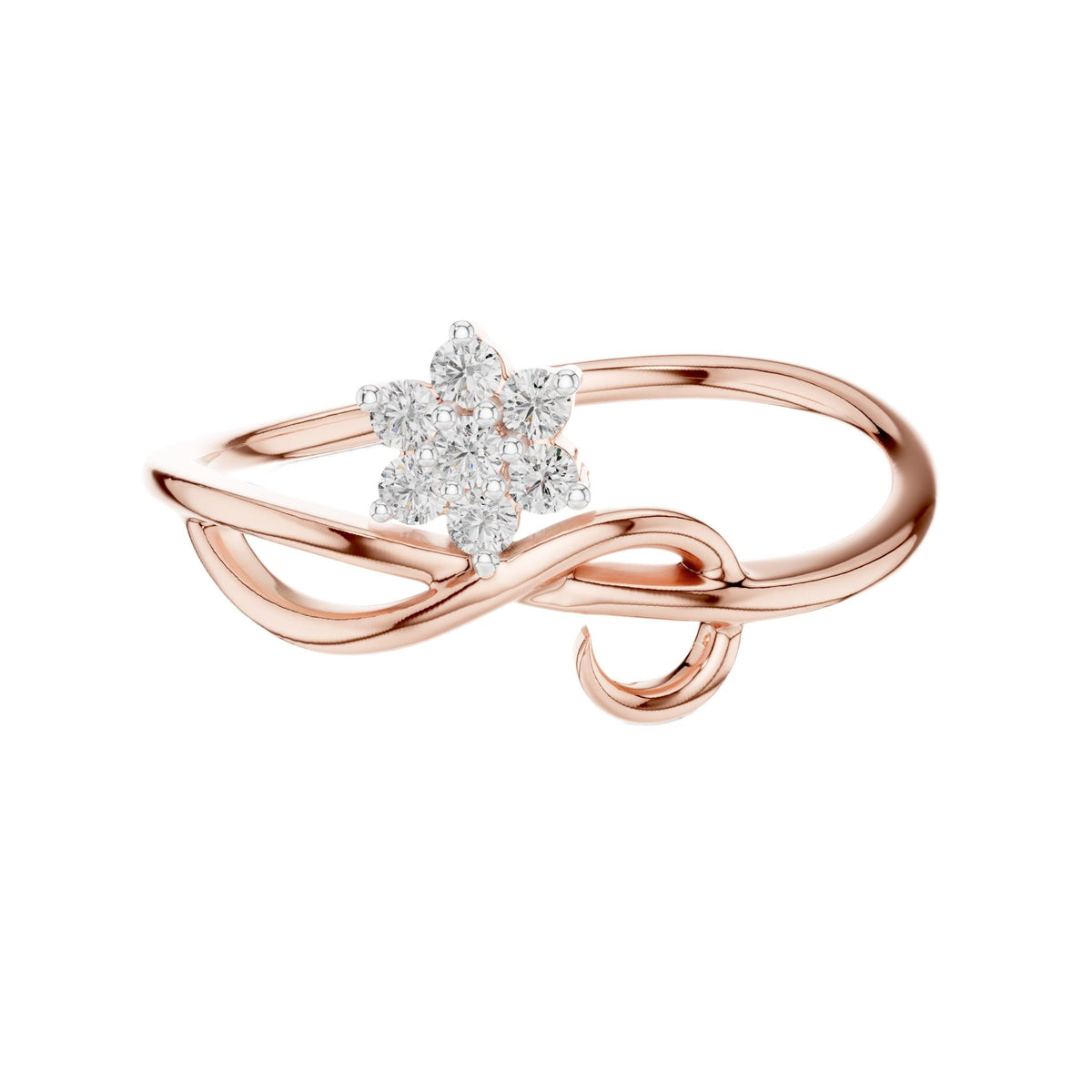 Rose gold infinity promise ring with pear center stone and round halo accents