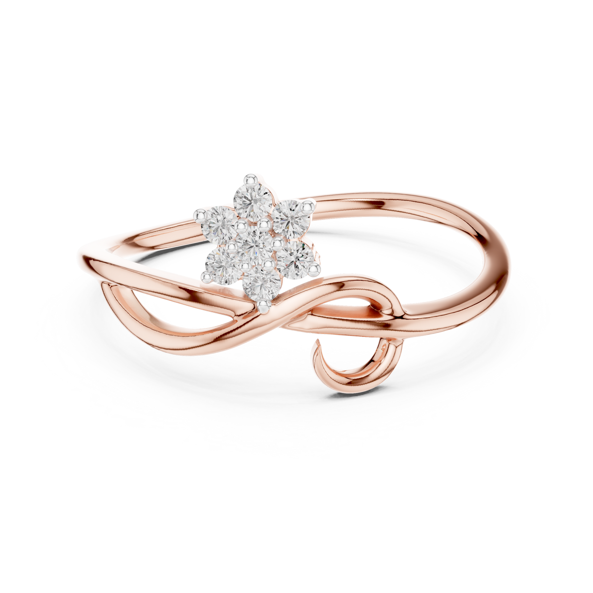 Rose gold infinity promise ring with pear center stone and round halo accents
