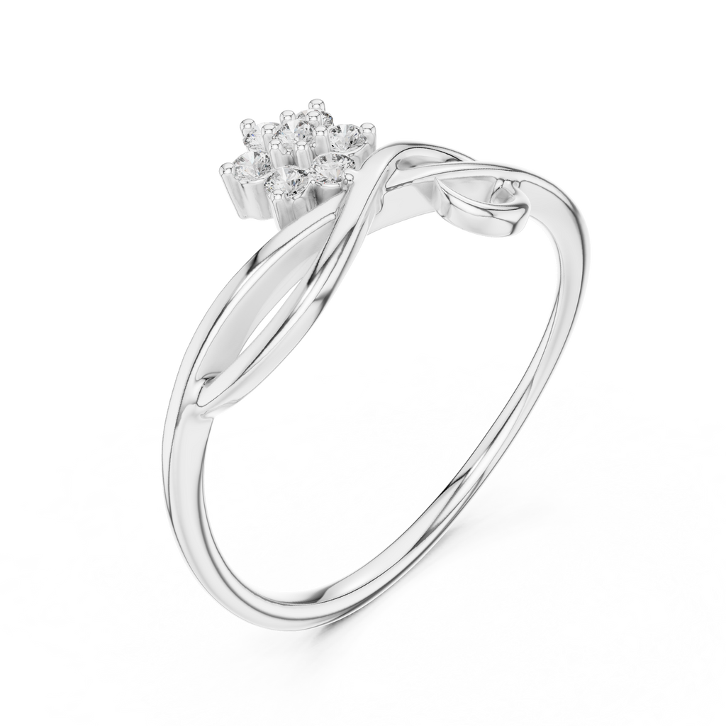 White gold infinity promise ring with baguette-style accent stones and prong-set centerpiece