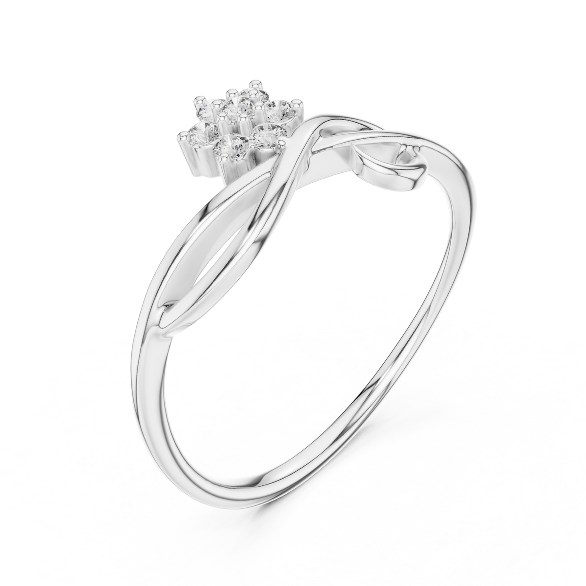 White gold infinity promise ring with baguette-style accent stones and prong-set centerpiece