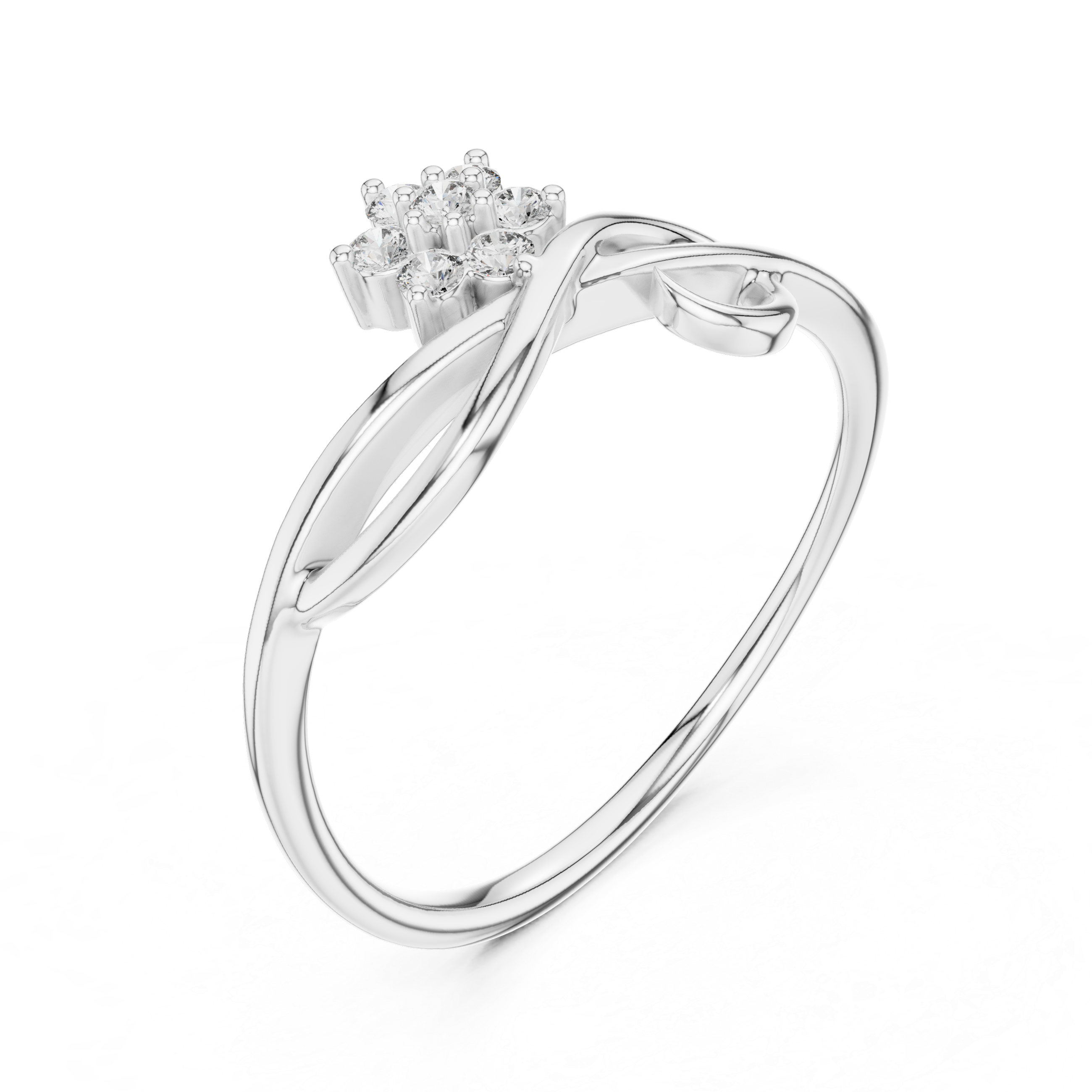 White gold infinity promise ring with baguette-style accent stones and prong-set centerpiece