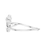 White gold infinity promise ring, side view with prong-set stones at the top