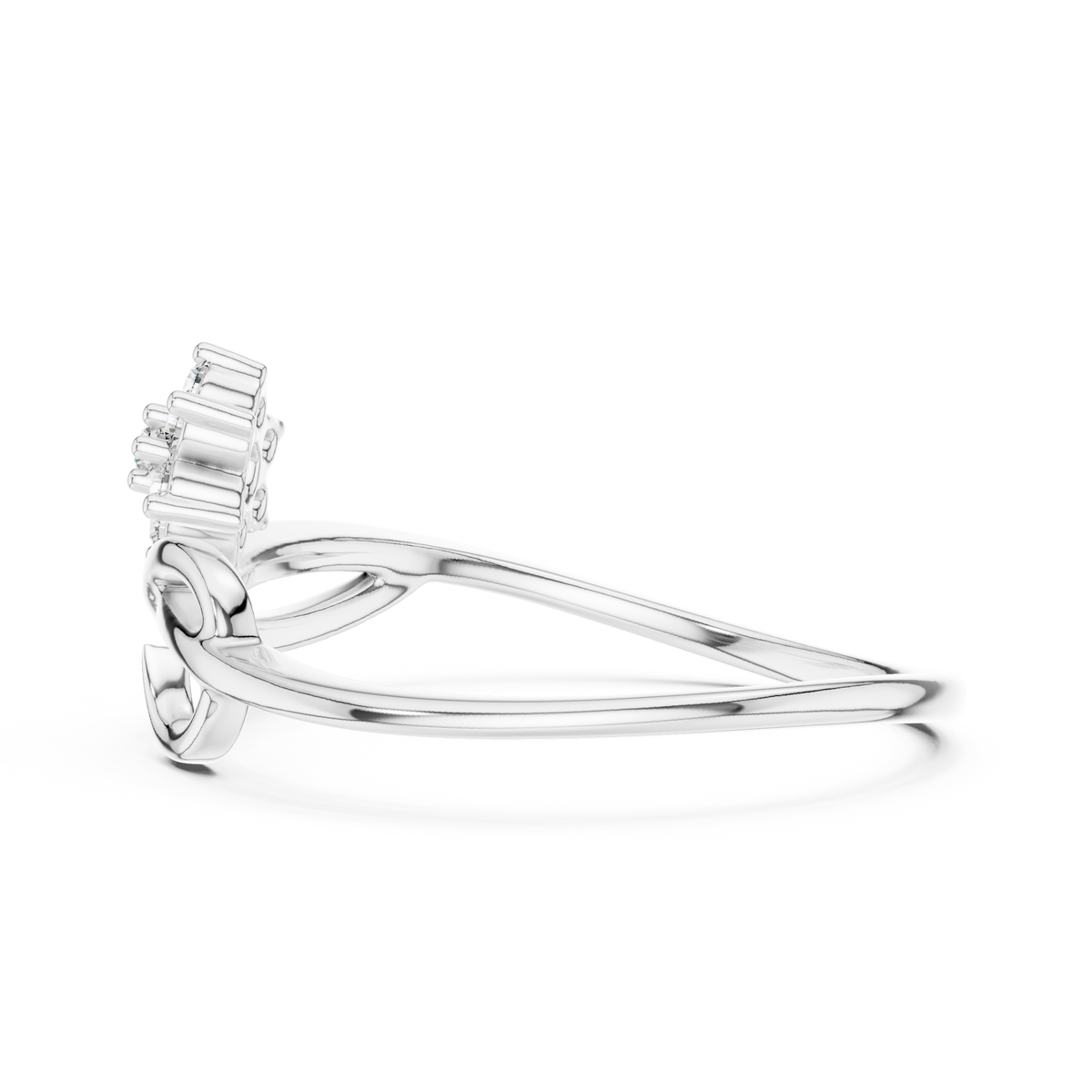 White gold infinity promise ring, side view with prong-set stones at the top